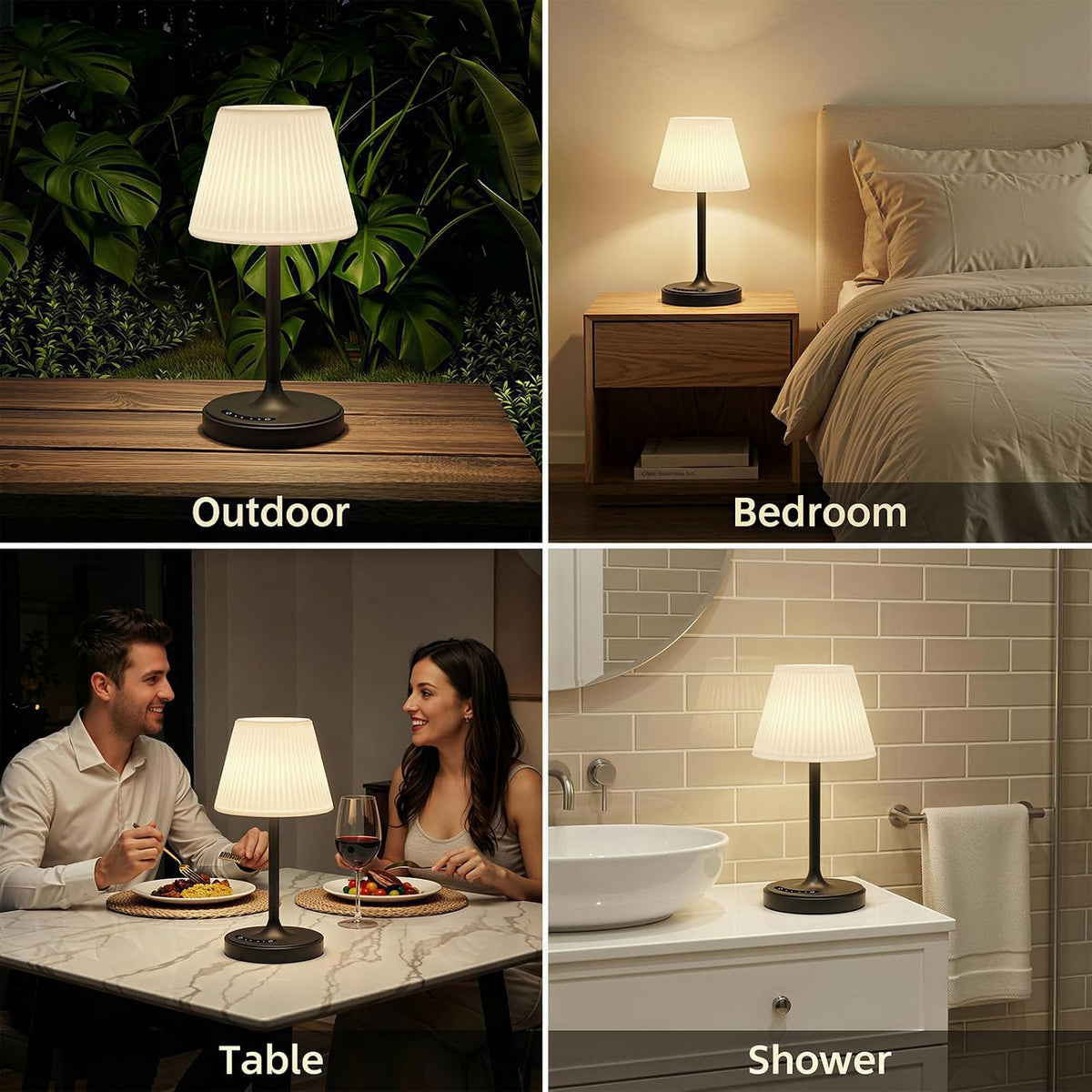 Waterproof Shower Lamp, Cordless Rechargeable Table Lamp for Outdoor -Black