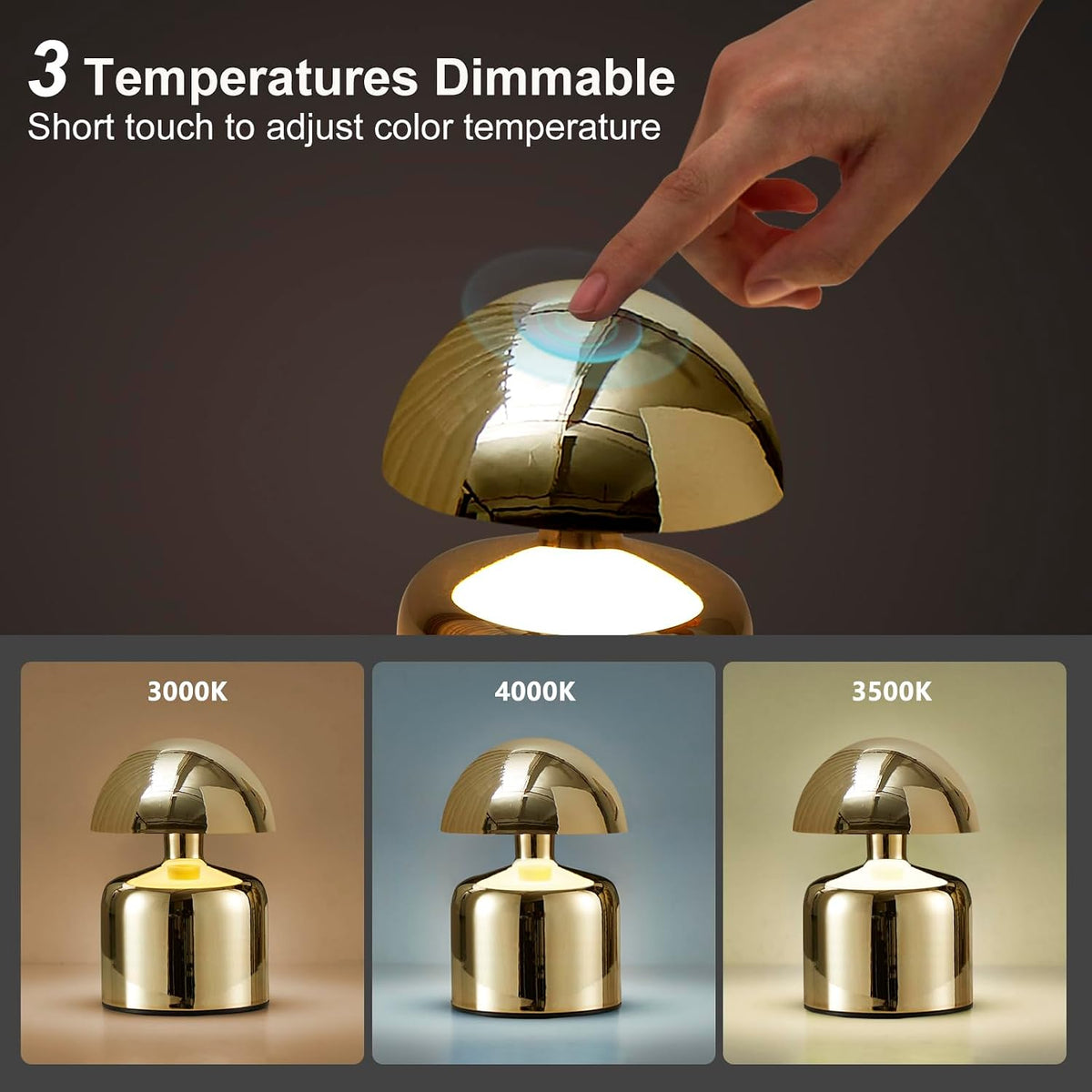 Modern Cordless Mushroom Small Table Lamp, Dimmable Touch Battery