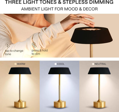 Rechargeable Table Lamp Set of 2 | LED Desk Lamp Cordless - Small Outdoor Table Lights | Dimmable Bedside Gold Lamp for Kitchen, Bathroom, Battery Powered