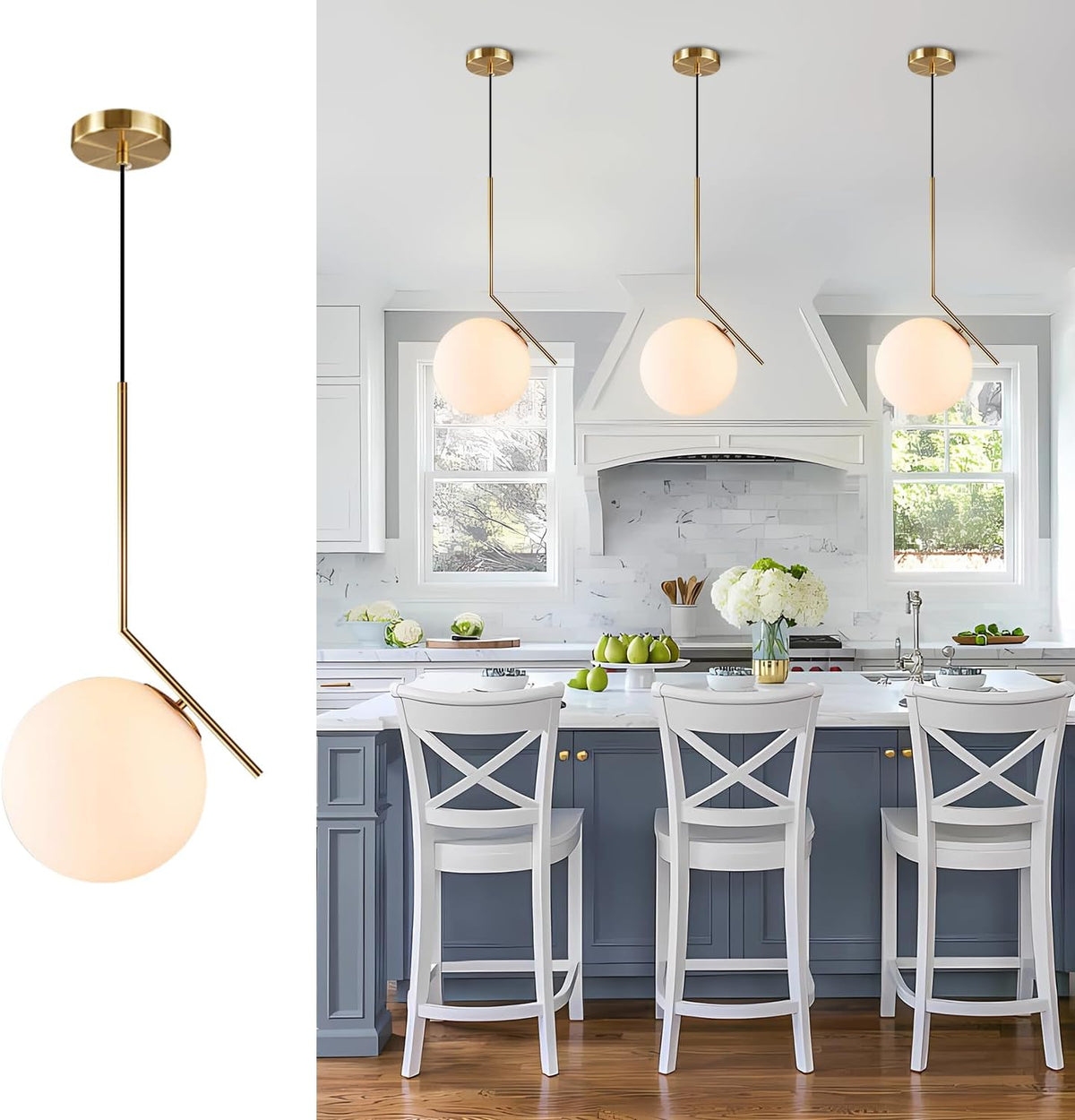 Modern Globe Pendant Light Mid Century Chandelier Brushed Brass Adjustable Hanging Light with White Frosted Glass for Kitchen Island Bedroom Dinning Room (C-25Cm)