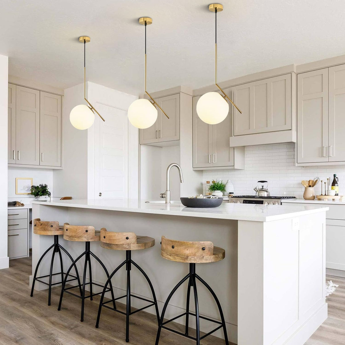 Modern Globe Pendant Light Mid Century Chandelier Brushed Brass Adjustable Hanging Light with White Frosted Glass for Kitchen Island Bedroom Dinning Room (C-25Cm)