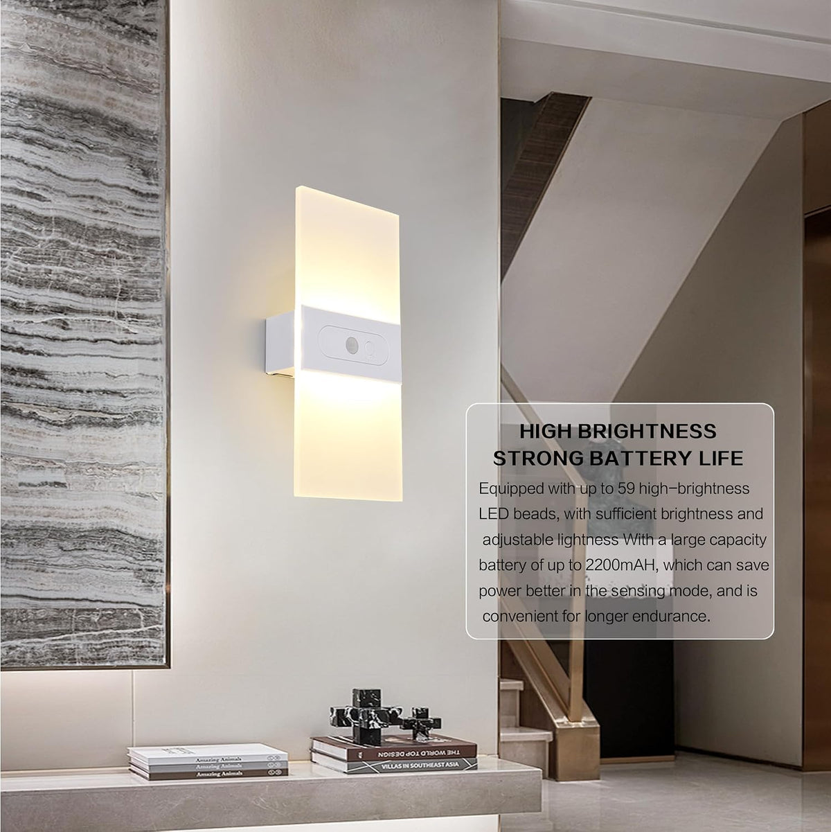 Rechargeable Wall Sconces Set of 2, White Wall Light 3000K