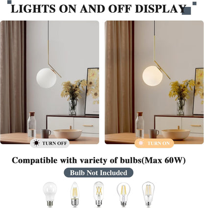 Modern Globe Pendant Light Mid Century Chandelier Brushed Brass Adjustable Hanging Light with White Frosted Glass for Kitchen Island Bedroom Dinning Room (C-25Cm)