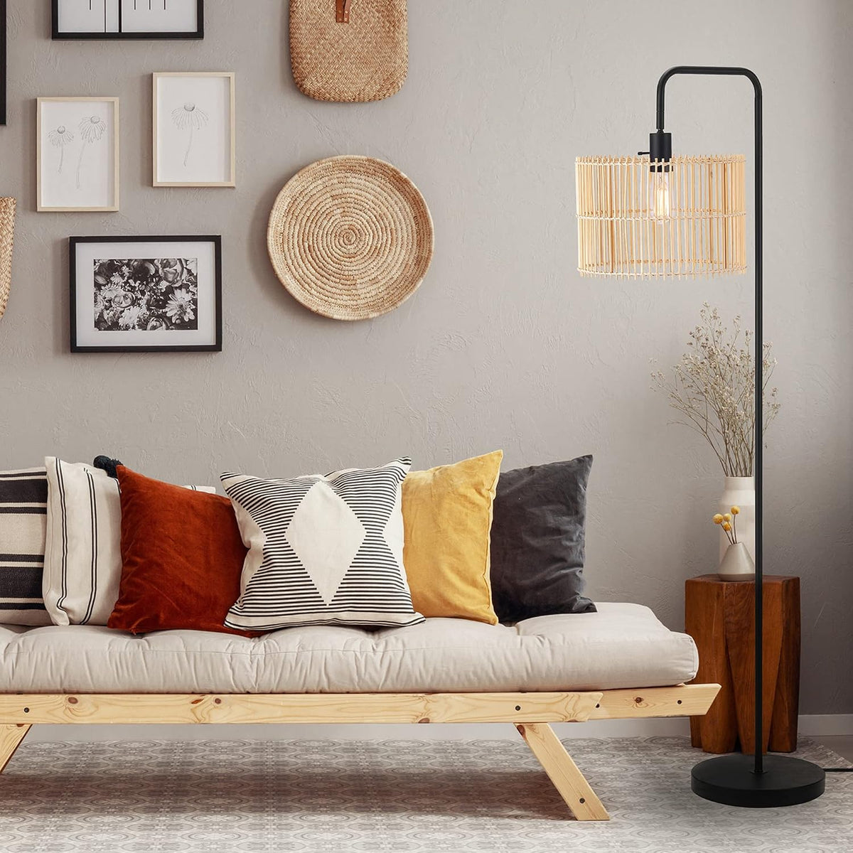 Barden 58" Floor Lamp, Matte Black, Bamboo Shade, On/Off Rotary Switch on Socket