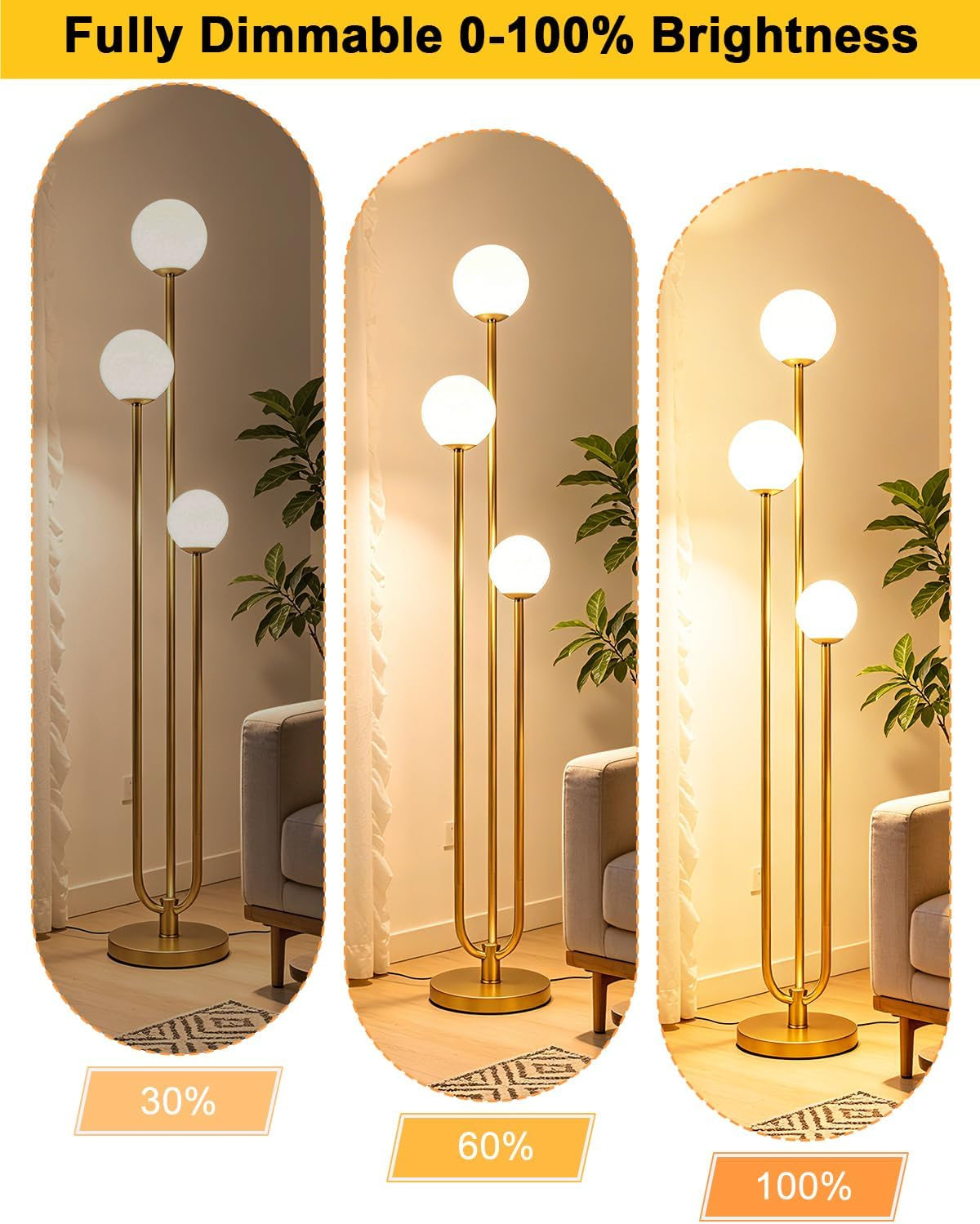 63IN 3-Light Dimmable Floor Lamp, Unique Gold Tall Standing Lamps with 3000K G9 Bulbs for Reading, Mid Century Modern Floor Lamp with 5Lbs Heavy Base for Living Room Bedroom Home Office