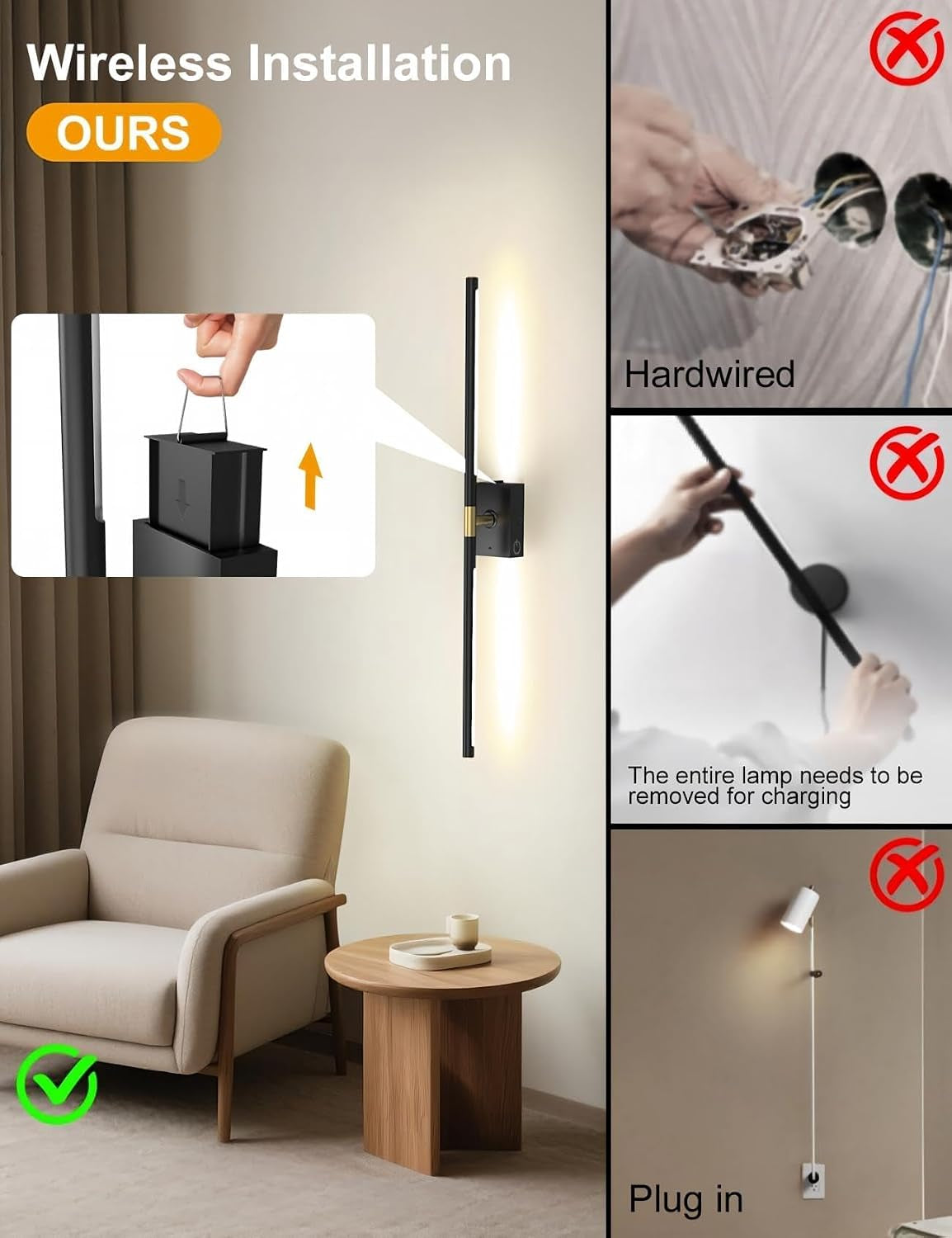 Battery Operated Wall Sconces Set of 2, Wireless Rechargeable Wall Lights