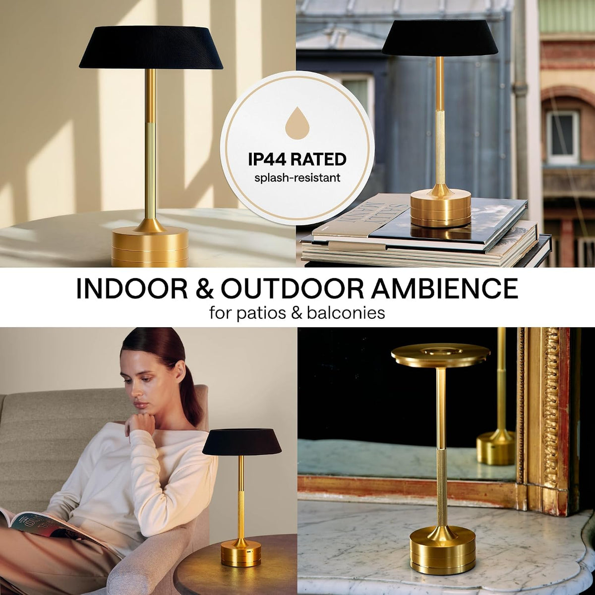 Rechargeable Table Lamp Set of 2 | LED Desk Lamp Cordless - Small Outdoor Table Lights | Dimmable Bedside Gold Lamp for Kitchen, Bathroom, Battery Powered