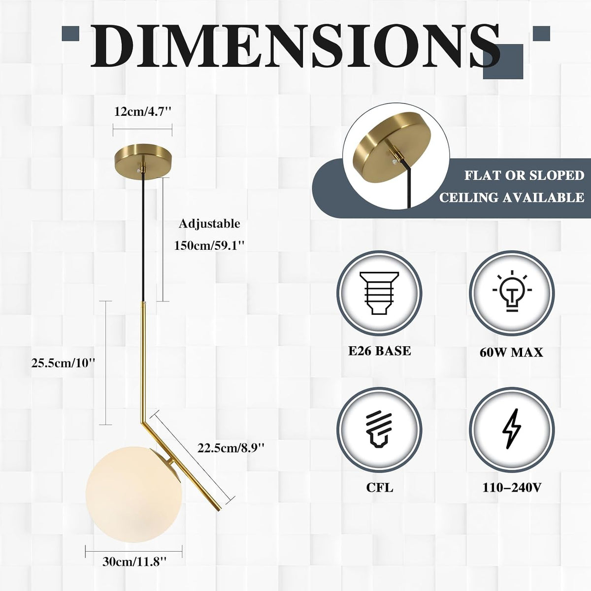 Modern Globe Pendant Light Mid Century Chandelier Brushed Brass Adjustable Hanging Light with White Frosted Glass for Kitchen Island Bedroom Dinning Room (C-25Cm)