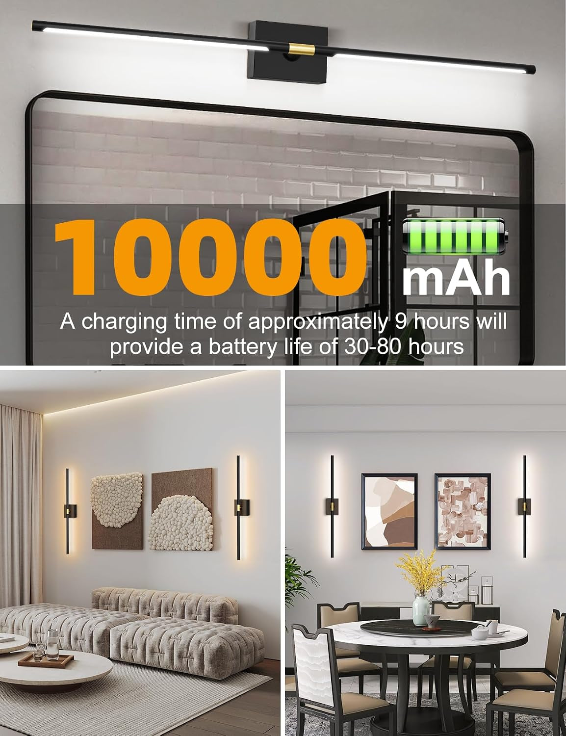 Battery Operated Wall Sconces Set of 2, Wireless Rechargeable Wall Lights