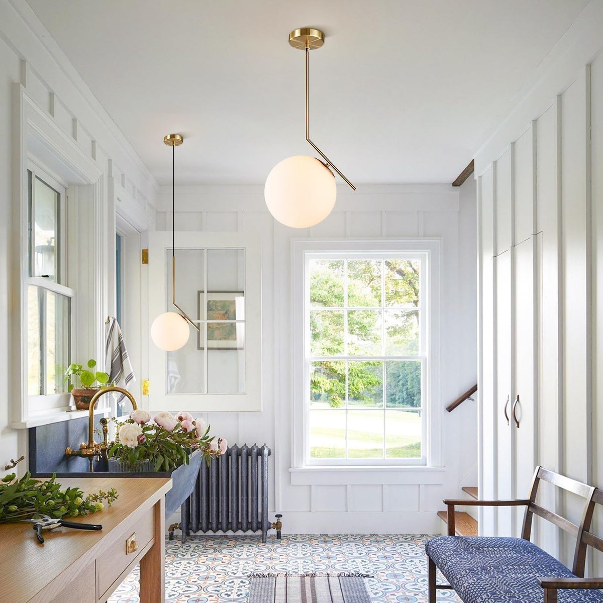 Modern Globe Pendant Light Mid Century Chandelier Brushed Brass Adjustable Hanging Light with White Frosted Glass for Kitchen Island Bedroom Dinning Room (C-25Cm)
