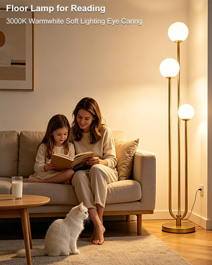63IN 3-Light Dimmable Floor Lamp, Unique Gold Tall Standing Lamps with 3000K G9 Bulbs for Reading, Mid Century Modern Floor Lamp with 5Lbs Heavy Base for Living Room Bedroom Home Office