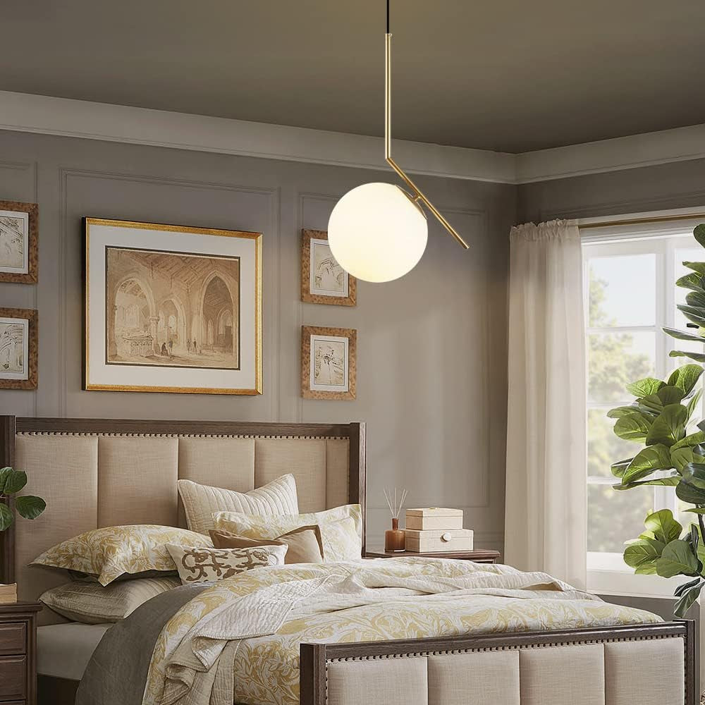 Modern Globe Pendant Light Mid Century Chandelier Brushed Brass Adjustable Hanging Light with White Frosted Glass for Kitchen Island Bedroom Dinning Room (C-25Cm)