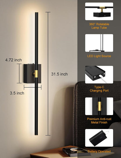 Battery Operated Wall Sconces Set of 2, Wireless Rechargeable Wall Lights