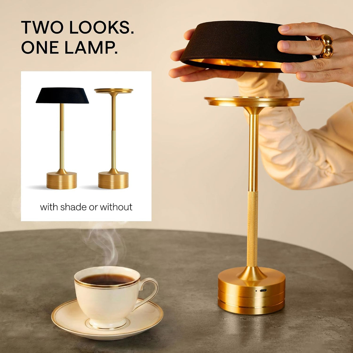 Rechargeable Table Lamp Set of 2 | LED Desk Lamp Cordless - Small Outdoor Table Lights | Dimmable Bedside Gold Lamp for Kitchen, Bathroom, Battery Powered