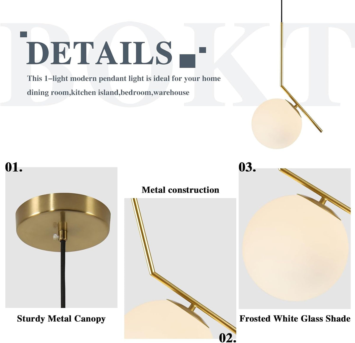 Modern Globe Pendant Light Mid Century Chandelier Brushed Brass Adjustable Hanging Light with White Frosted Glass for Kitchen Island Bedroom Dinning Room (C-25Cm)