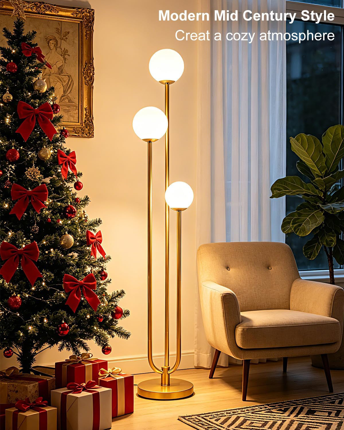 63IN 3-Light Dimmable Floor Lamp, Unique Gold Tall Standing Lamps with 3000K G9 Bulbs for Reading, Mid Century Modern Floor Lamp with 5Lbs Heavy Base for Living Room Bedroom Home Office