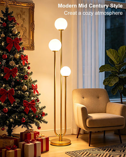 63IN 3-Light Dimmable Floor Lamp, Unique Gold Tall Standing Lamps with 3000K G9 Bulbs for Reading, Mid Century Modern Floor Lamp with 5Lbs Heavy Base for Living Room Bedroom Home Office