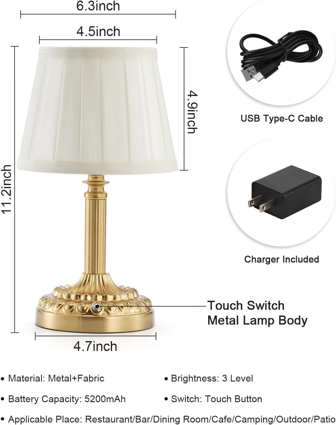 Small Cordless Table Lamp for Restaurant, 5200Mah Rechargeable