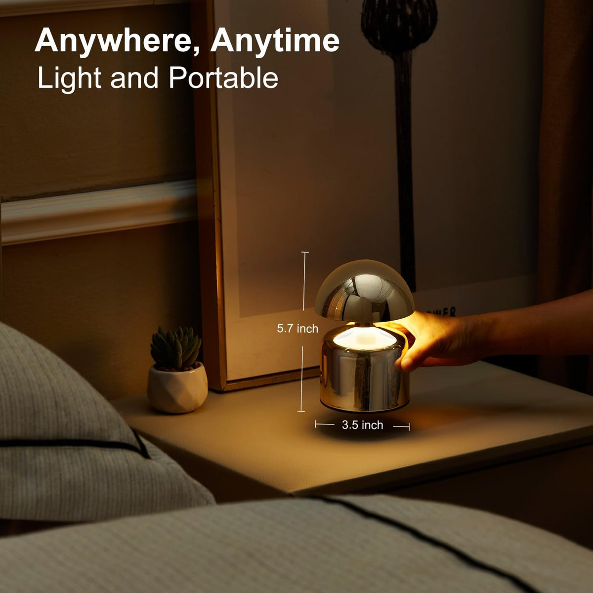Modern Cordless Mushroom Small Table Lamp, Dimmable Touch Battery