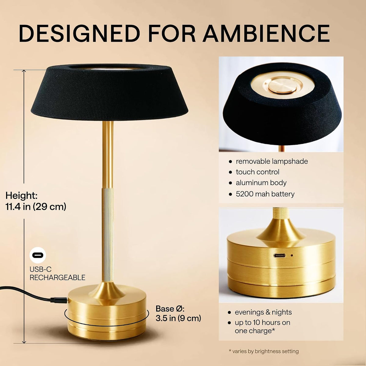 Rechargeable Table Lamp Set of 2 | LED Desk Lamp Cordless - Small Outdoor Table Lights | Dimmable Bedside Gold Lamp for Kitchen, Bathroom, Battery Powered