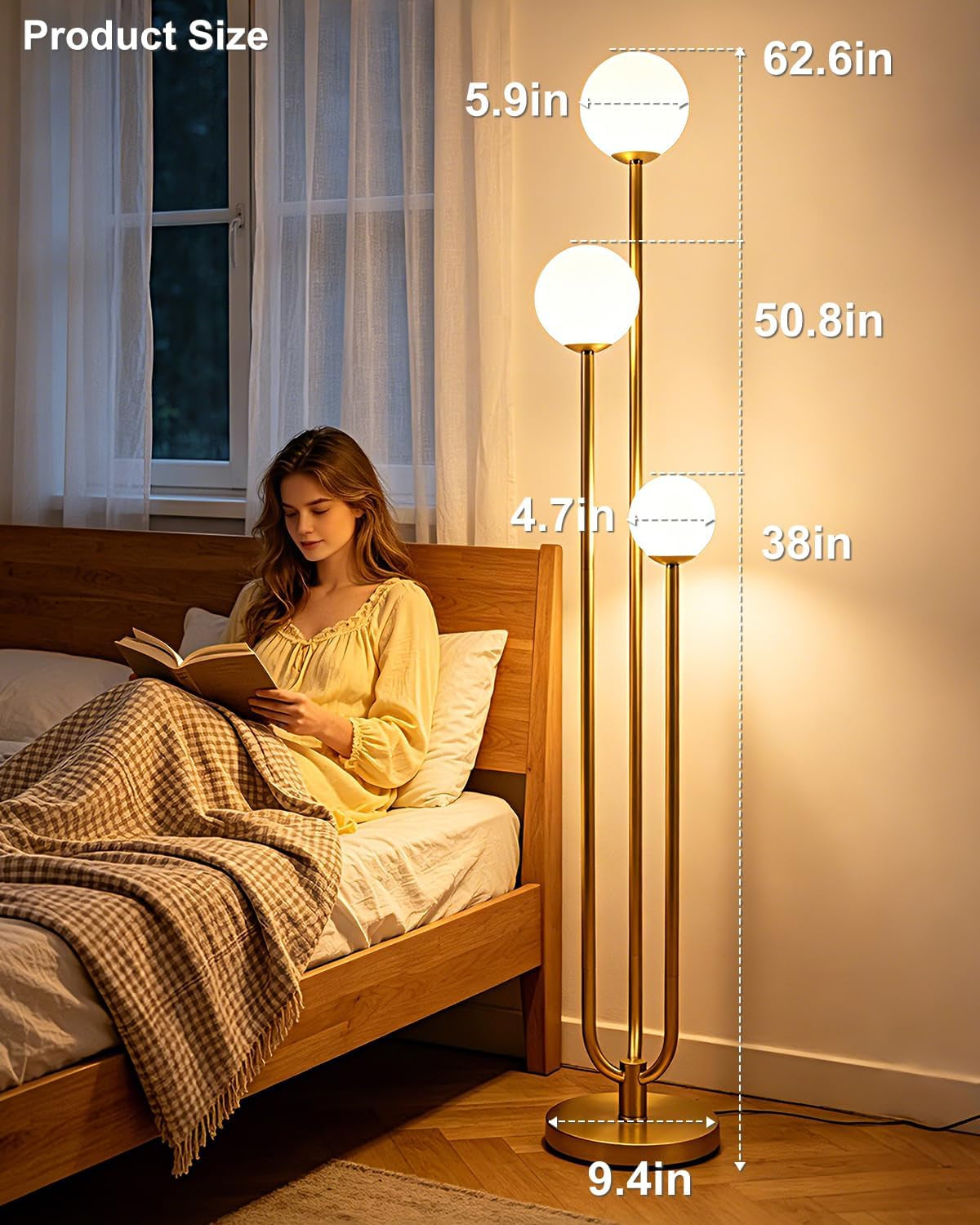 63IN 3-Light Dimmable Floor Lamp, Unique Gold Tall Standing Lamps with 3000K G9 Bulbs for Reading, Mid Century Modern Floor Lamp with 5Lbs Heavy Base for Living Room Bedroom Home Office