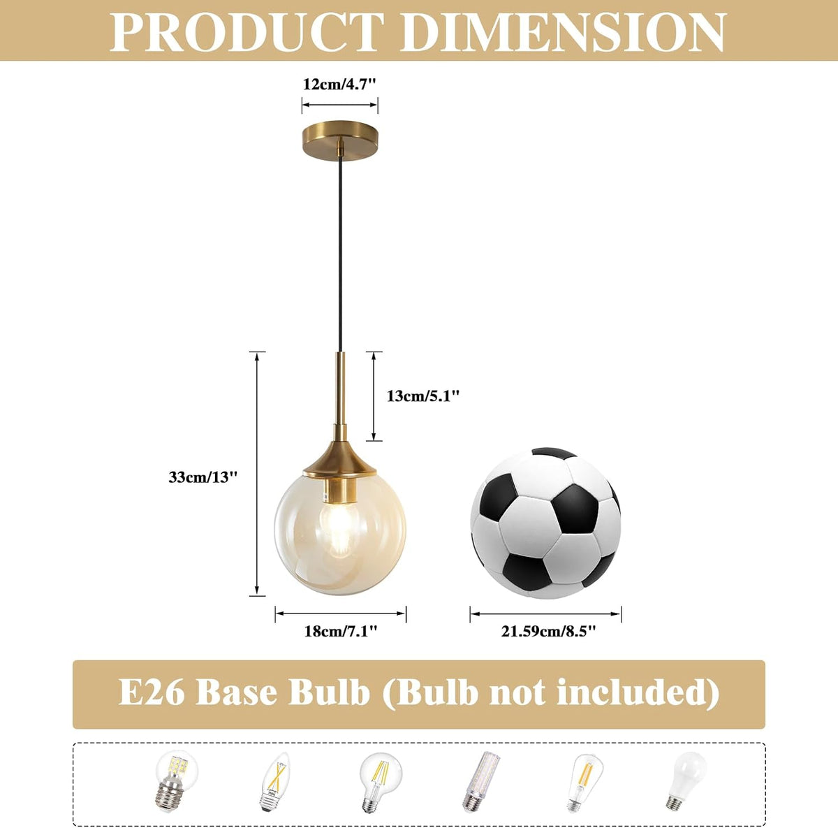 Lighting Mid Century Modern Gold 7.1” Amber Glass Globe Pendant Light