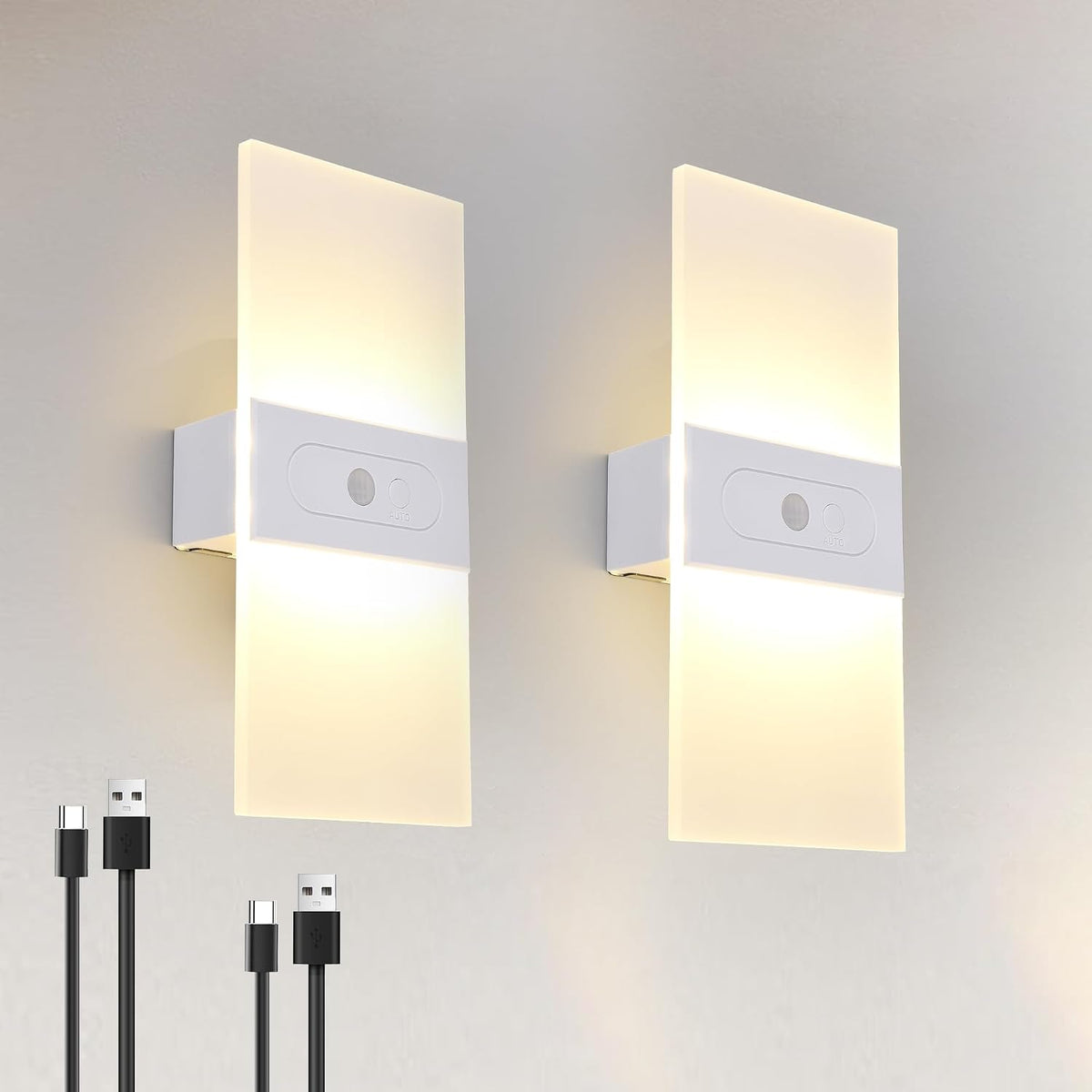 Rechargeable Wall Sconces Set of 2, White Wall Light 3000K