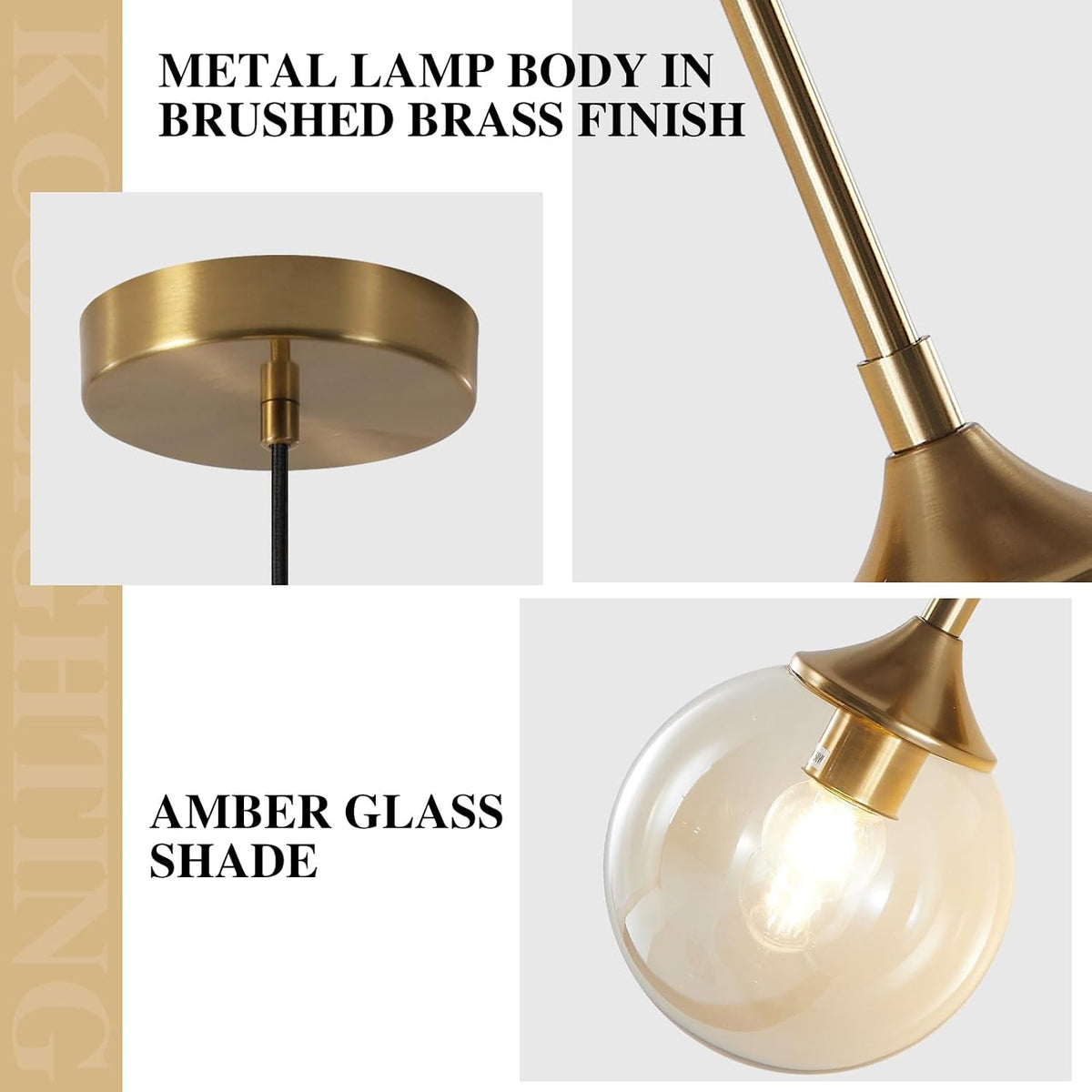 Lighting Mid Century Modern Gold 7.1” Amber Glass Globe Pendant Light